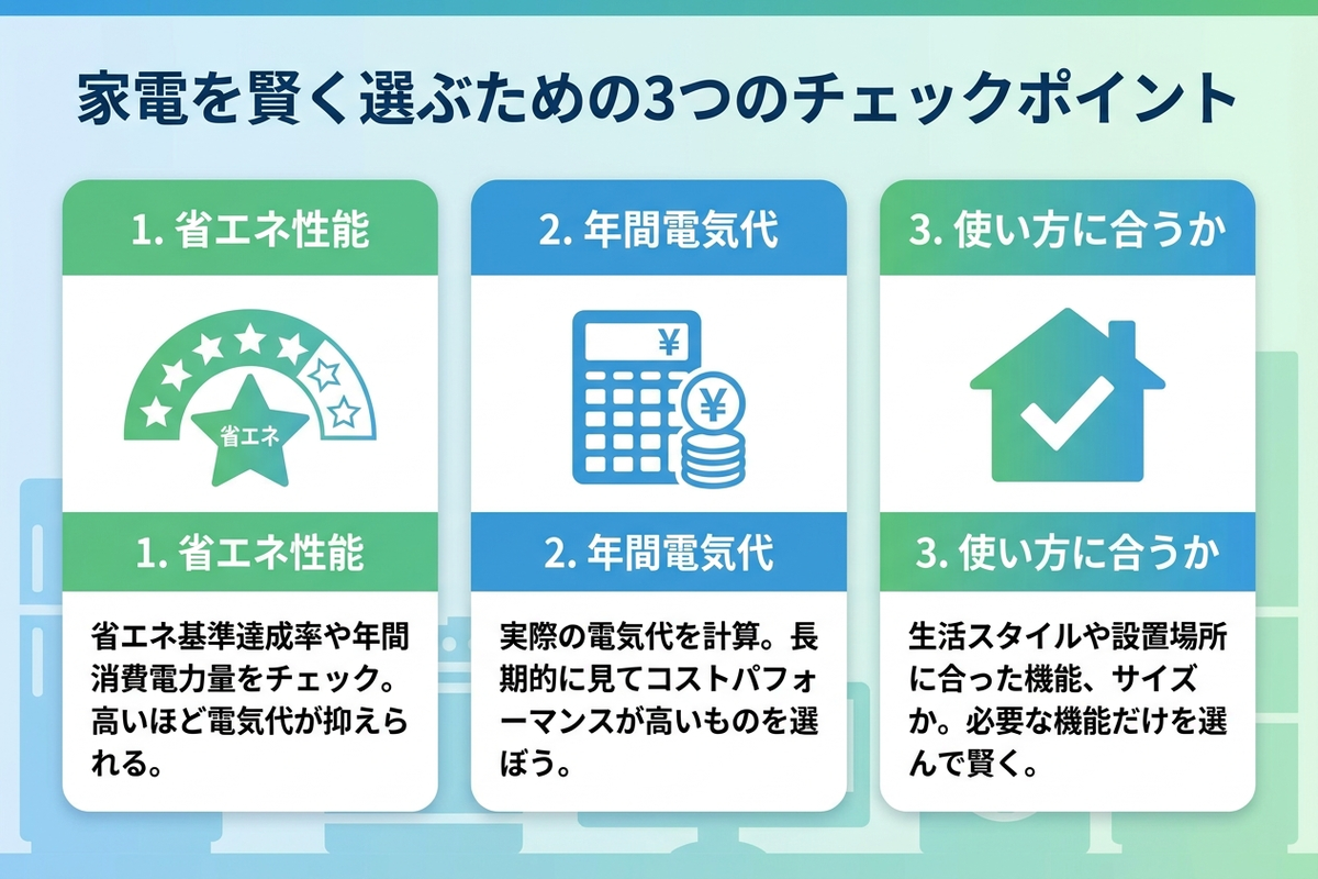 家電を元が取れる視点で選ぶためのチェックポイント図解