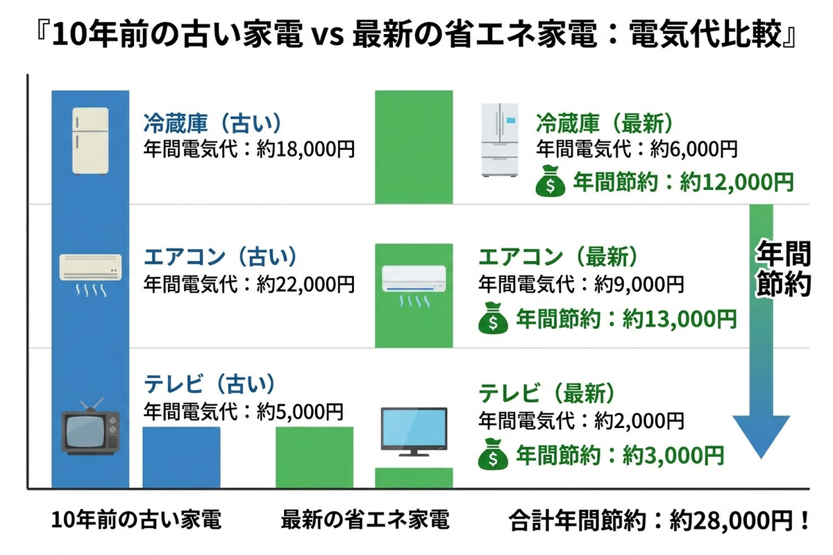 10年前の家電と最新家電の電気代を比較したグラフ