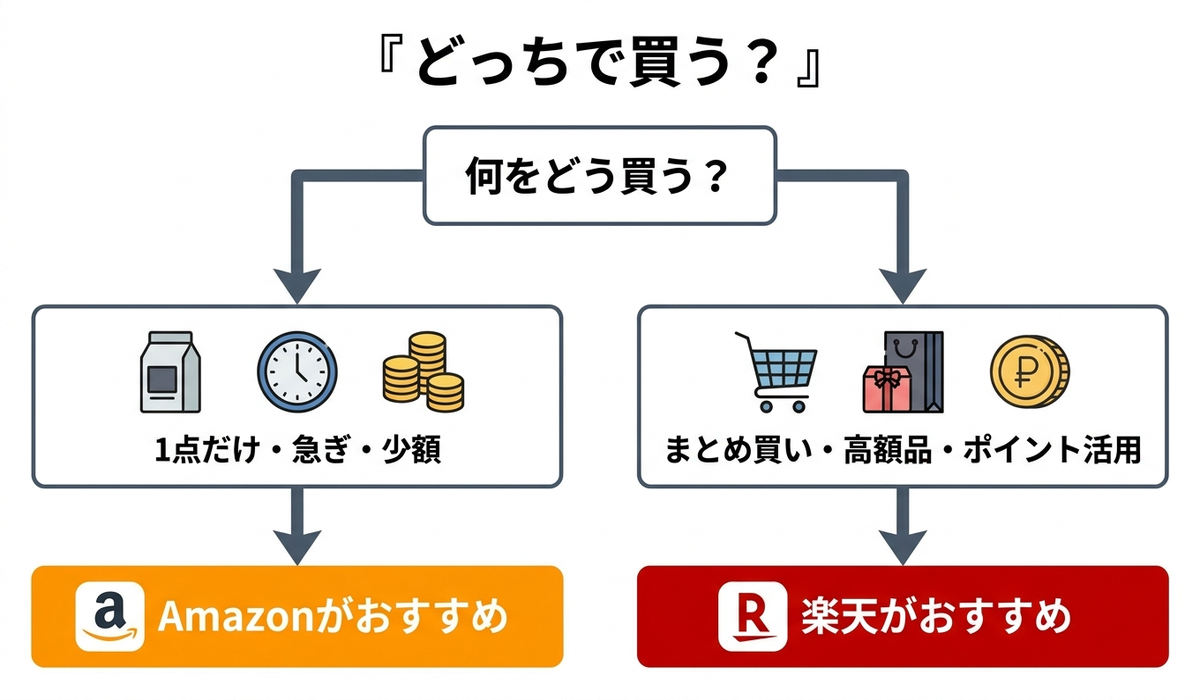 Amazonと楽天どちらで買うべきかをケース別に示した判断チャート。単品・急ぎはAmazon、まとめ買い・ポイント活用は楽天という分岐