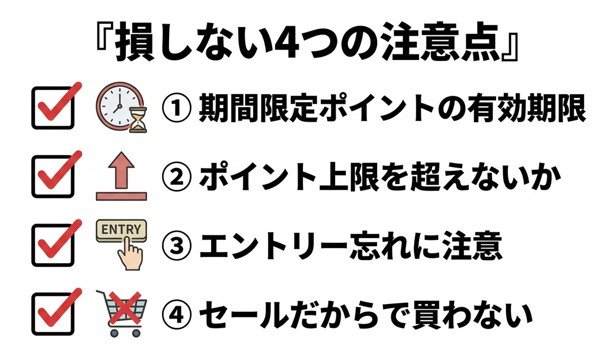 セールで損しないための注意点チェックリスト。期間限定ポイントの有効期限、ポイント上限、エントリー忘れ、不要な買い物の4項目