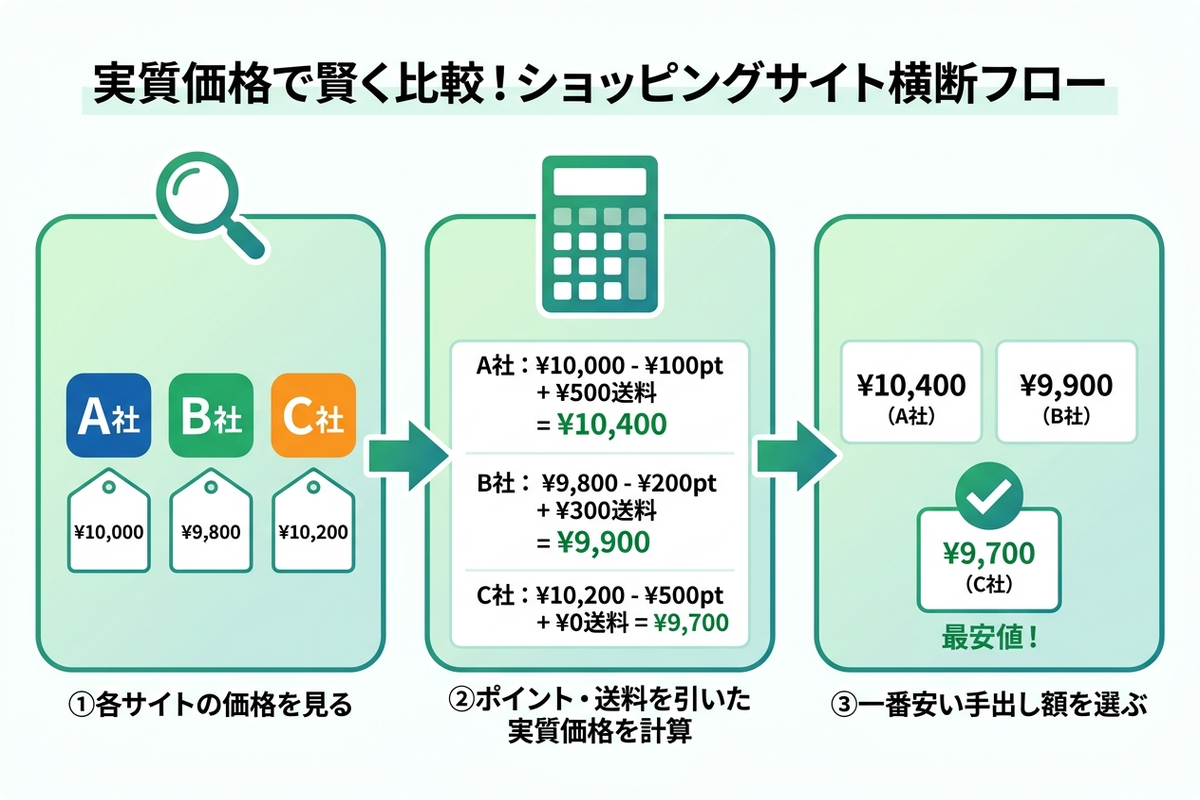 Amazon・楽天・Yahoo!ショッピングの価格をポイント込みの実質価格で比較する手順を示した図解