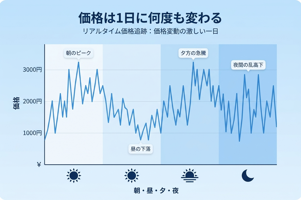 Amazonの価格が1日のうちに何度も変動する様子を示した折れ線グラフの図解