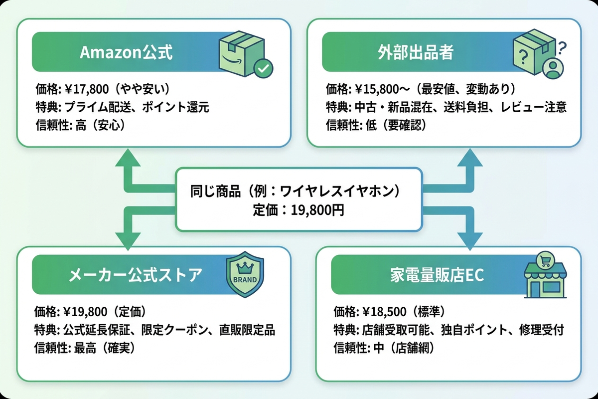 同じ商品でも出品者や販路によって価格が異なることを示した図解