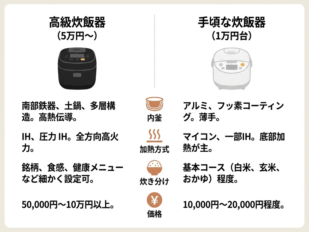 高級炊飯器と1万円台の炊飯器の比較