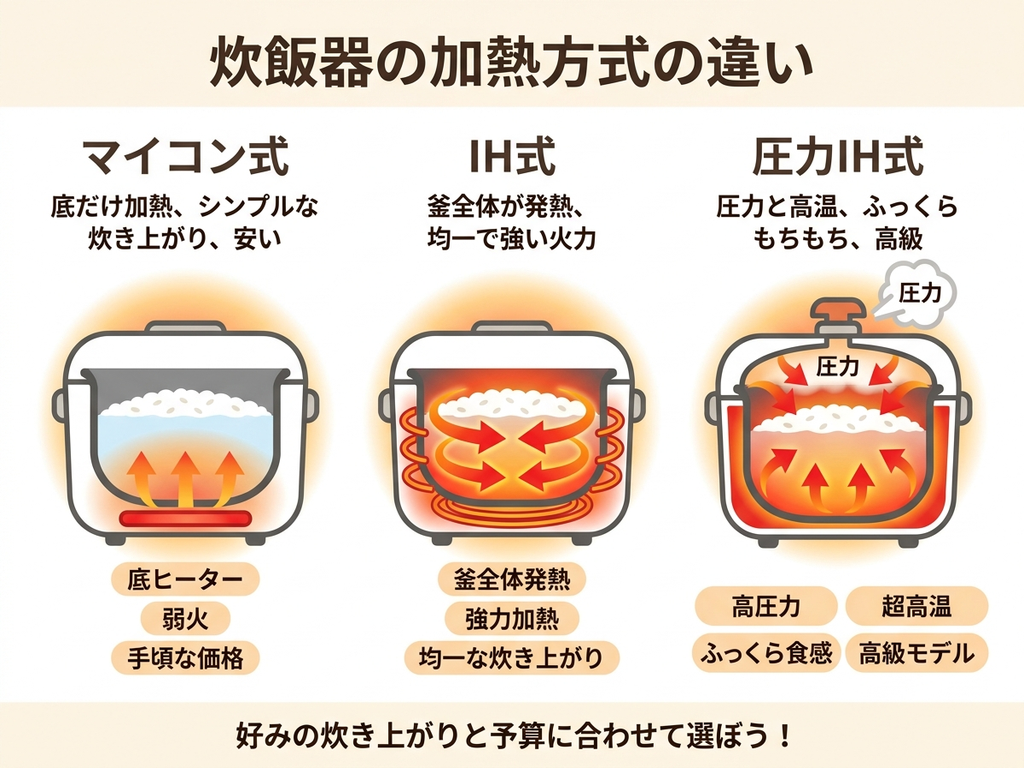 炊飯器の加熱方式の違い（マイコン式・IH式・圧力IH式）