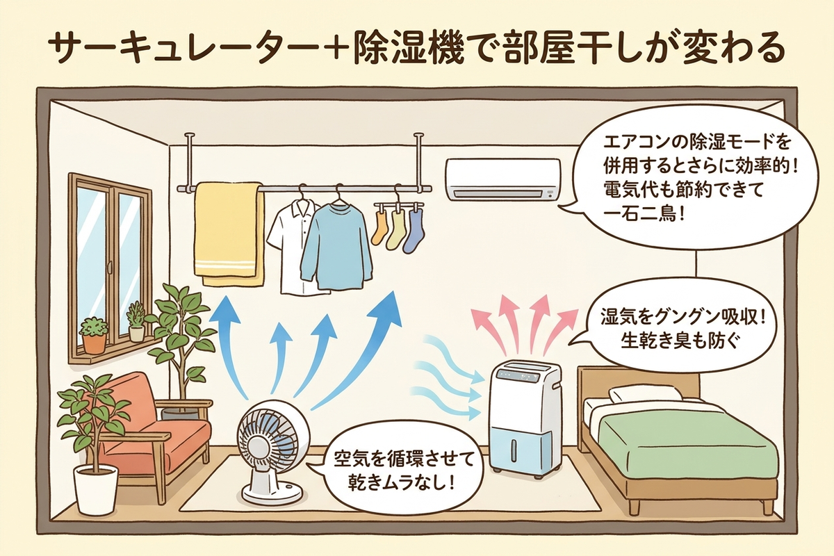 サーキュレーターと除湿機で部屋干しを効率化する解説図