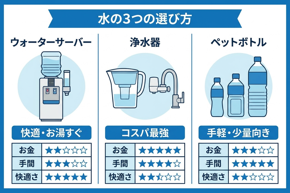 ウォーターサーバー・浄水器・ペットボトルの3つの選び方を、お金・手間・快適さの観点で比較した図解