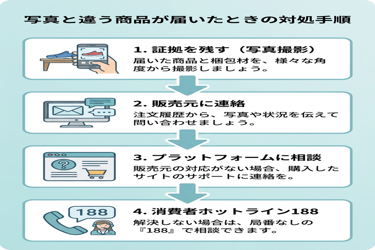 写真と違う商品が届いたときの返品・相談の対処手順を示した日本語のフロー図