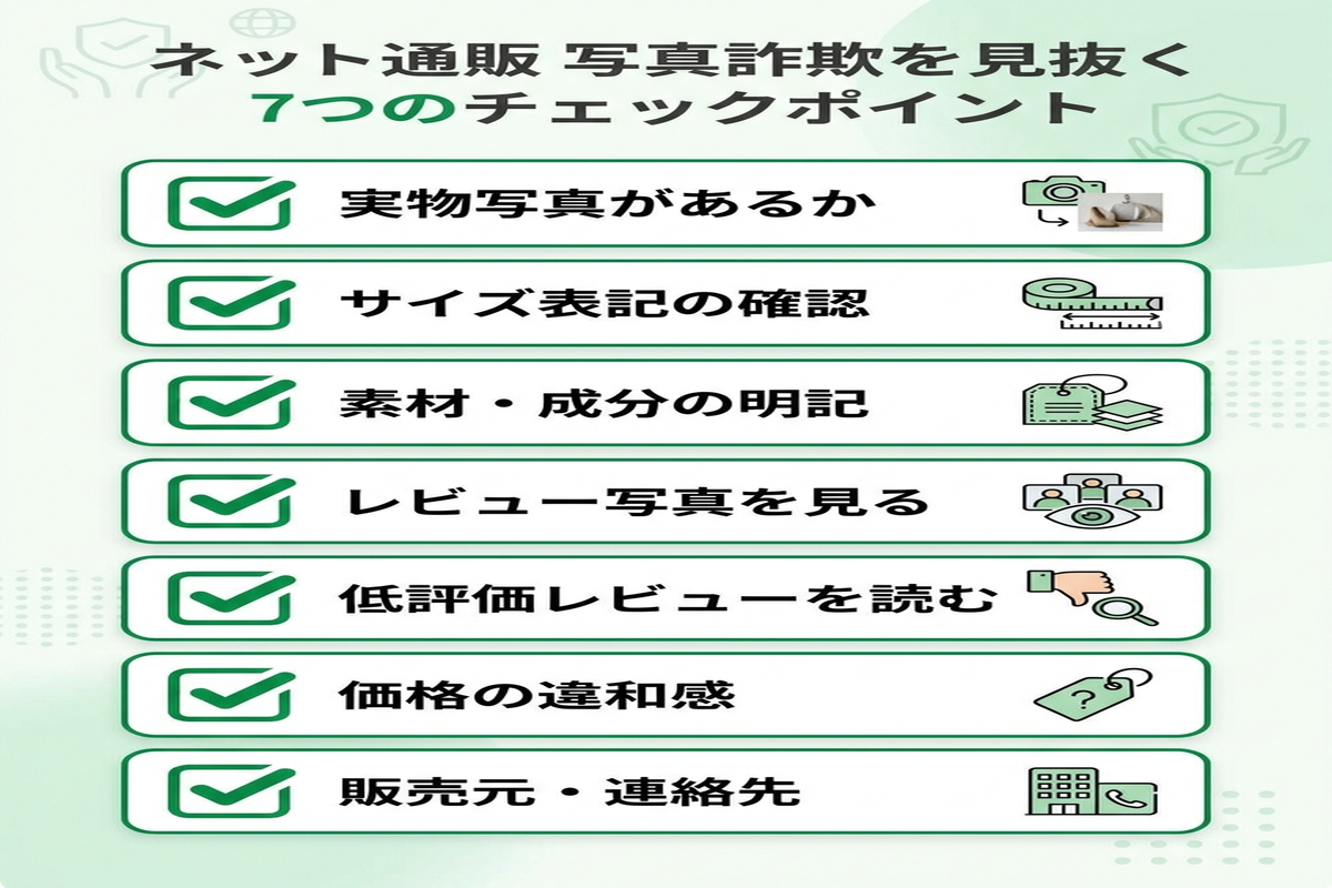 ネット通販で写真詐欺を見抜くための7つのチェックポイントを示した日本語の図解