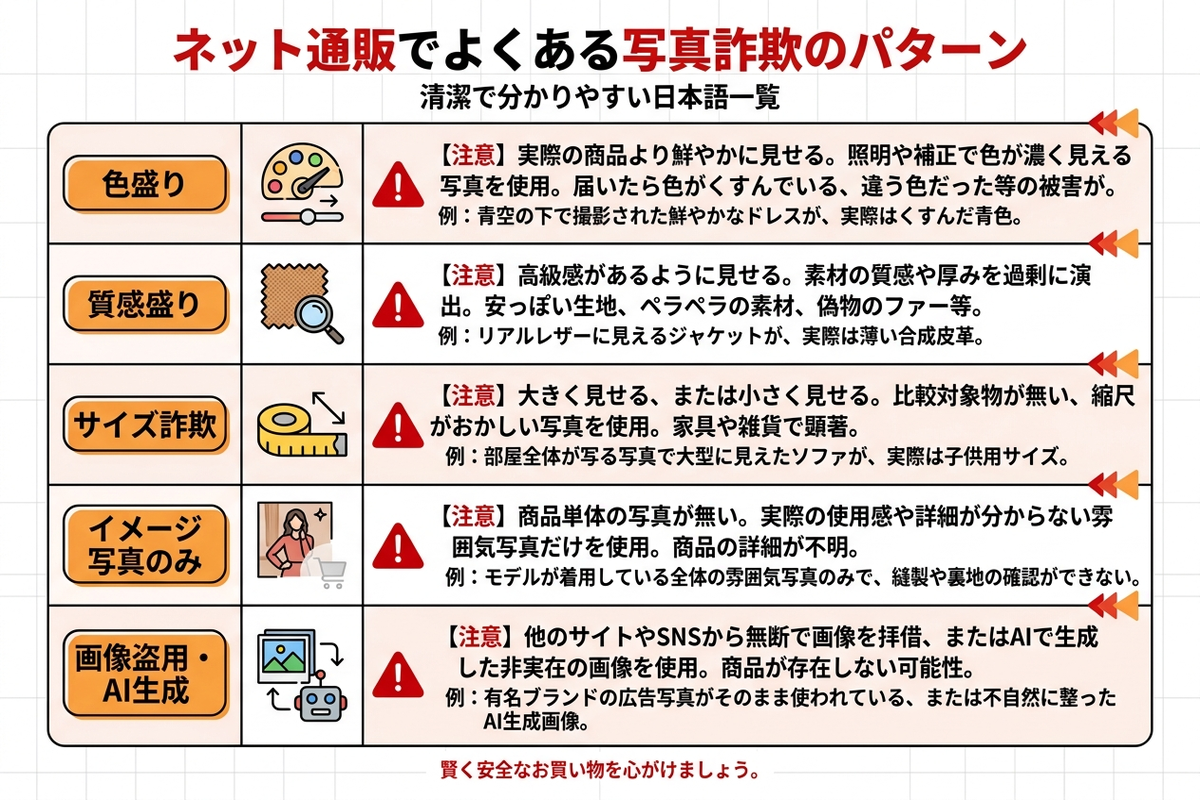 ネット通販でよくある写真詐欺の5つのパターンを一覧にした日本語の図解