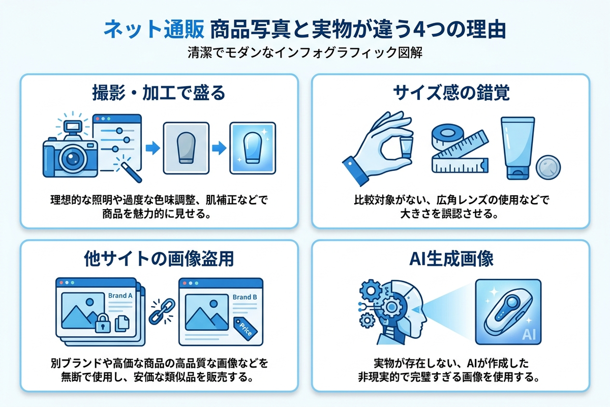 ネット通販の商品写真が実物と違ってしまう4つの理由を示した日本語の図解