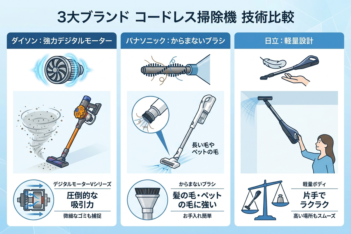 ダイソン・パナソニック・日立のコードレス掃除機の技術の違いを図解したイラスト