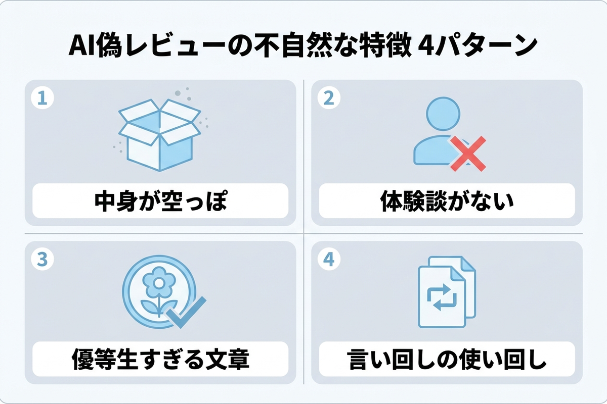 AIが書いた偽レビューに共通する4つの不自然なパターンを一覧にした日本語の図解