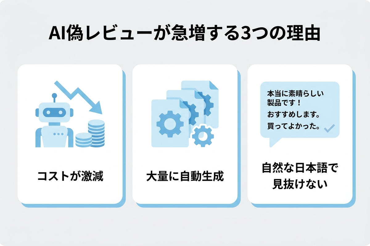 AI偽レビューが急増している3つの理由を示した日本語の図解