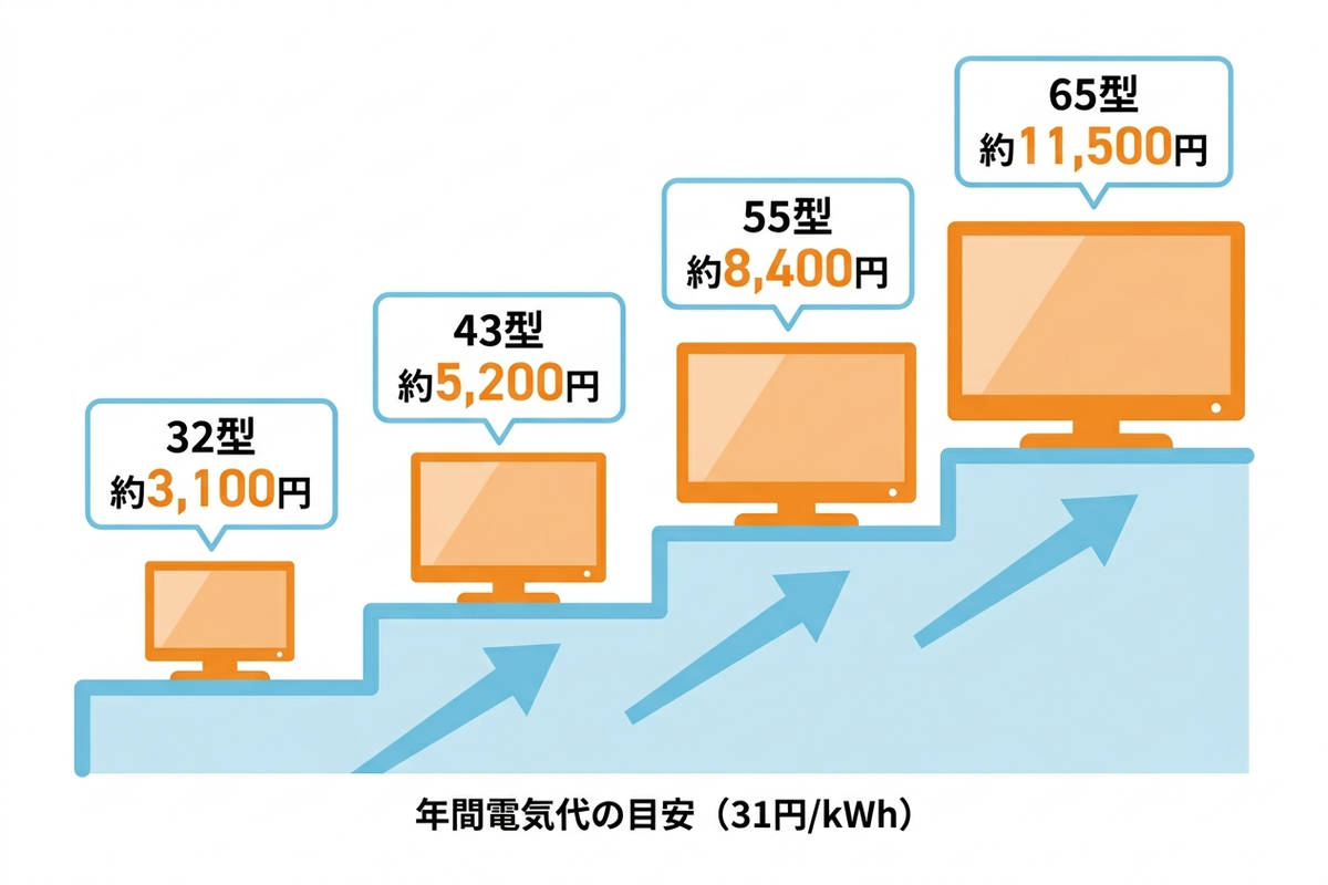 テレビのサイズ別に年間消費電力量と年間電気代の目安を示した図