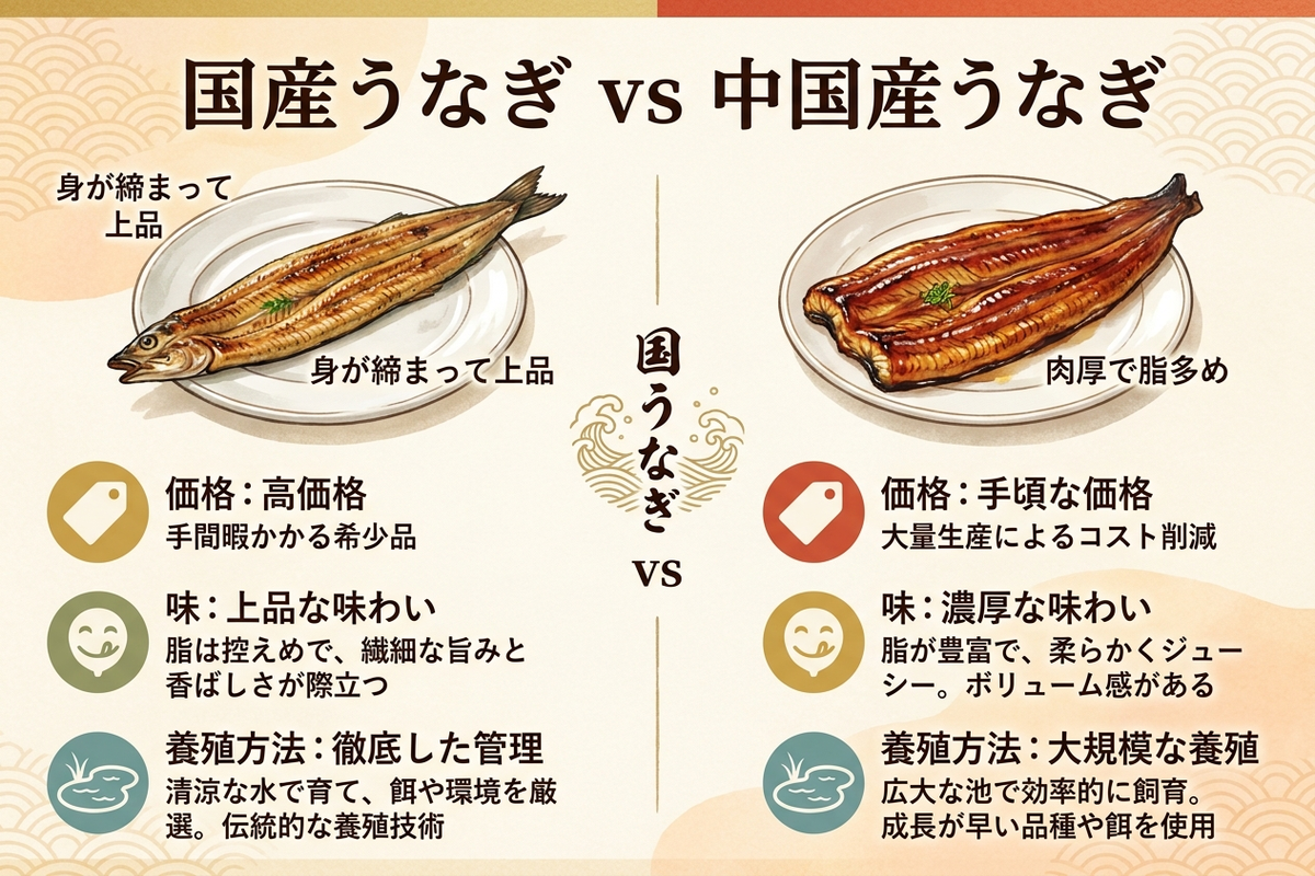 国産うなぎと中国産うなぎの品種・味・価格・養殖方法の違いを比較した図