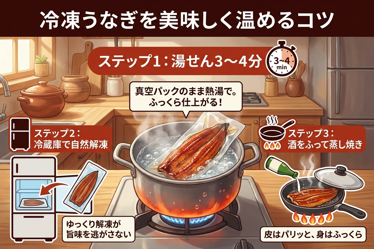 冷凍うなぎを湯せんでふっくら美味しく温めるコツの図解