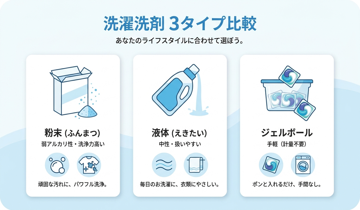 部屋干し用洗剤の粉末・液体・ジェルボールのタイプ別の特徴を比較した日本語の図解