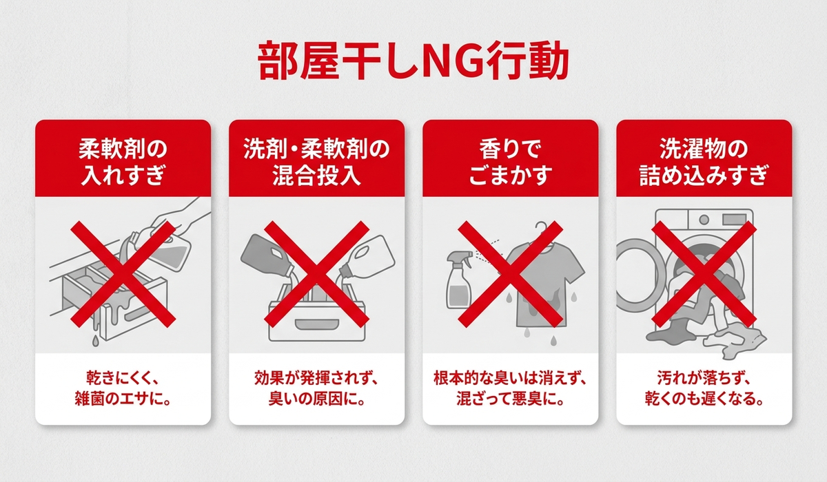 部屋干しでやってはいけないNGな洗剤柔軟剤の使い方を示した日本語の図解