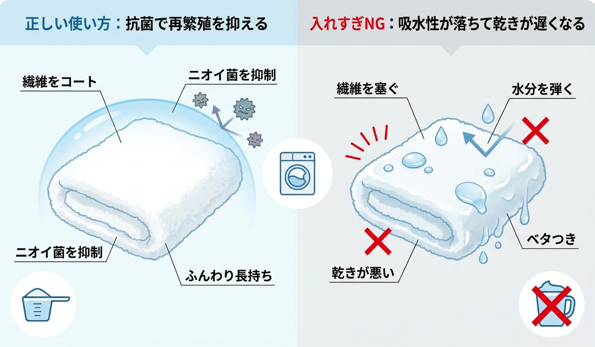 柔軟剤の正しい役割と入れすぎのリスクを示した日本語の図解、抗菌効果と吸水性低下