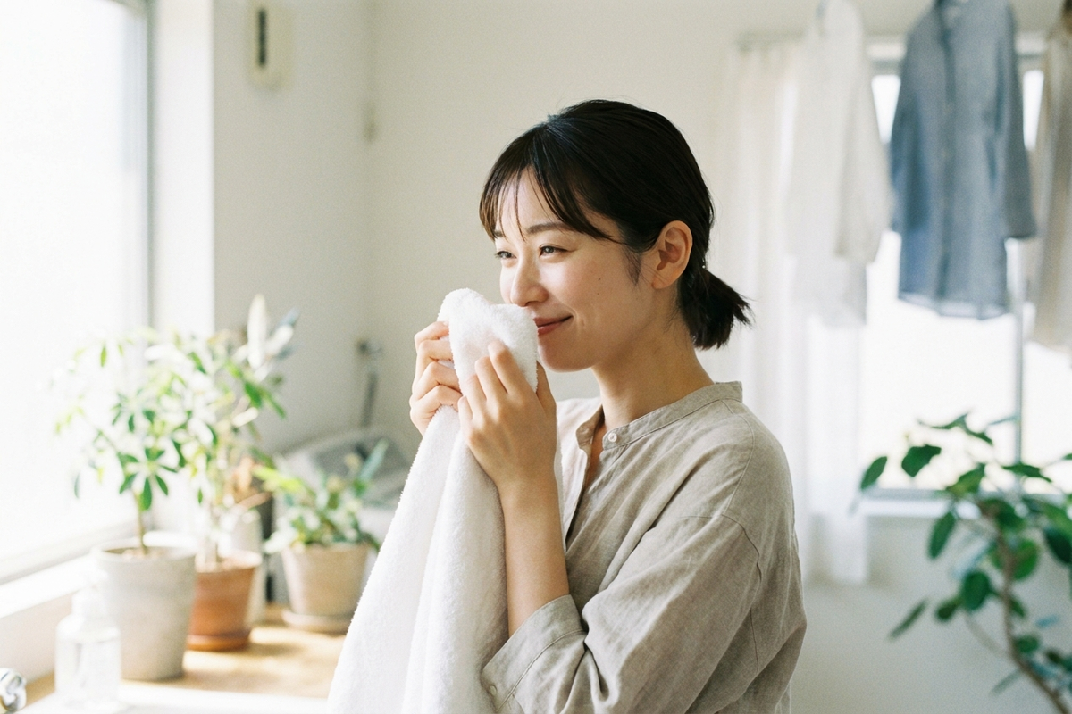 洗い立ての洗濯物のニオイを確かめる20代の日本人女性