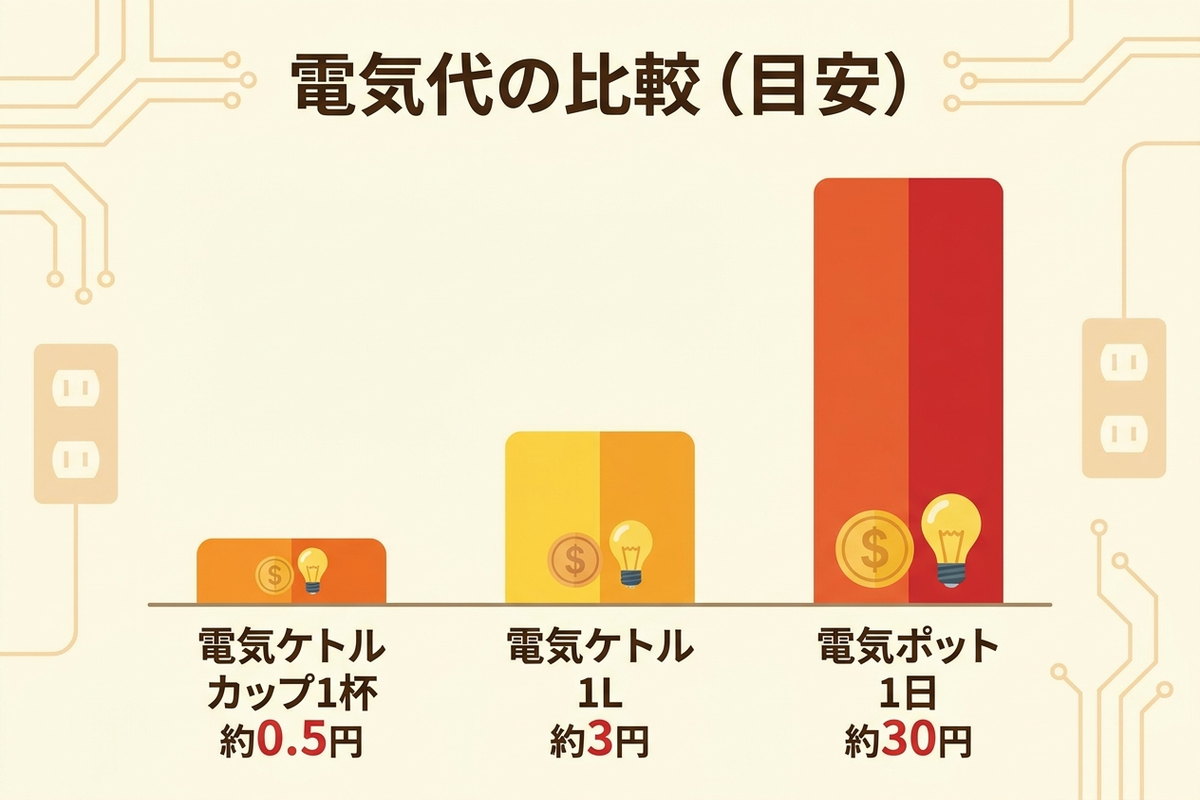 電気ケトルはカップ1杯約0.5円・1L約3円、電気ポットは1日約30円という電気代の比較グラフ