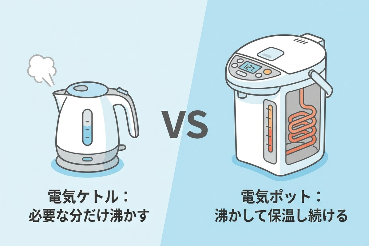 電気ケトルは必要な分だけ沸かす、電気ポットは沸かして保温し続けるという構造の違いを示した図
