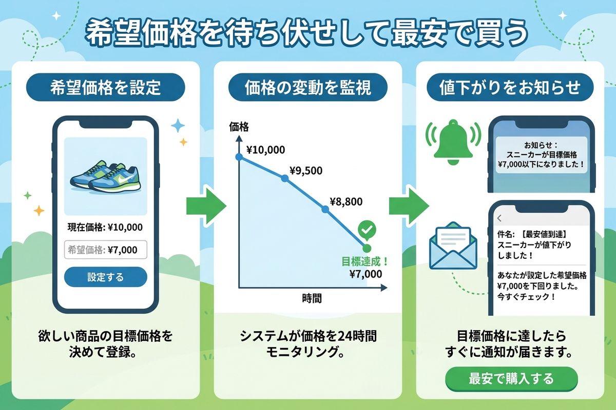 Keepaで希望価格を設定して値下がりを待つ通知設定の流れを示した図。メール・ブラウザ通知などで知らせが届く様子