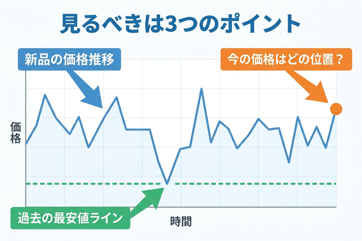 Keepaのグラフで注目すべき3つのライン(Amazon本体価格・新品最安値・過去の最安値ライン)を色分けして解説した図