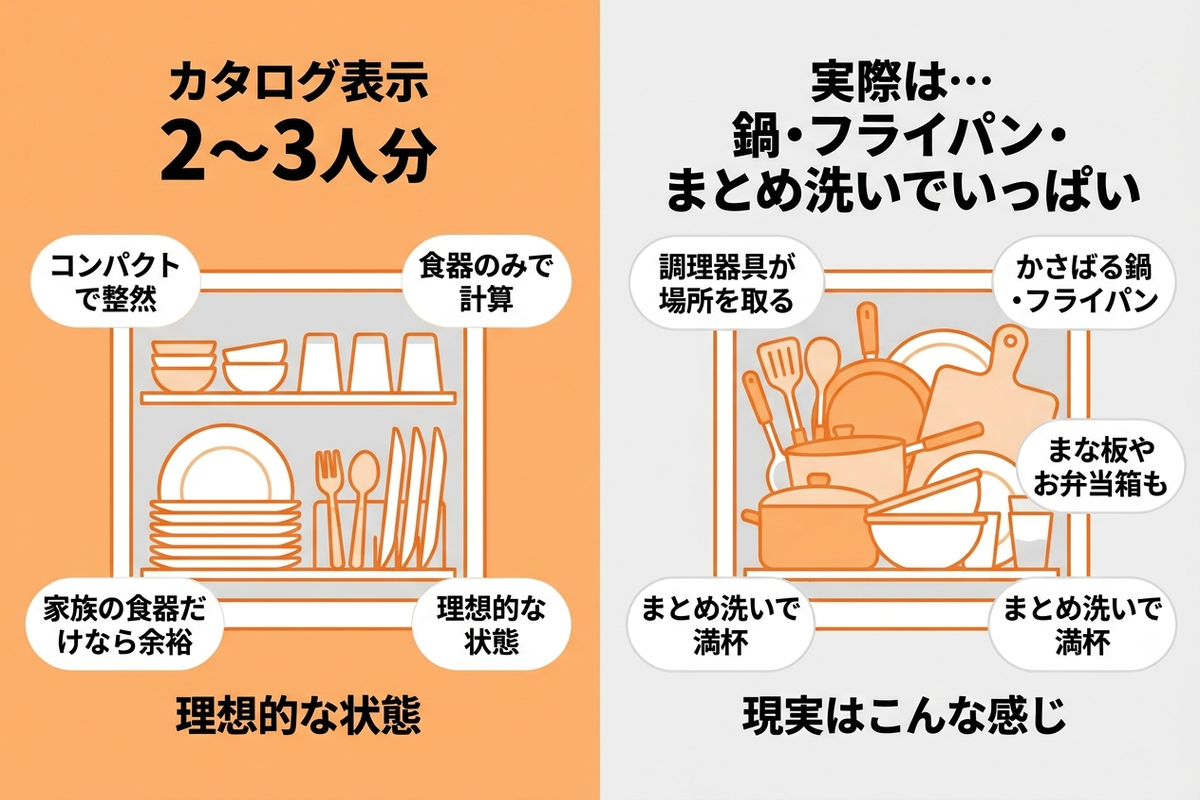 食洗機の容量表示と実際に入る食器量のギャップを説明する図