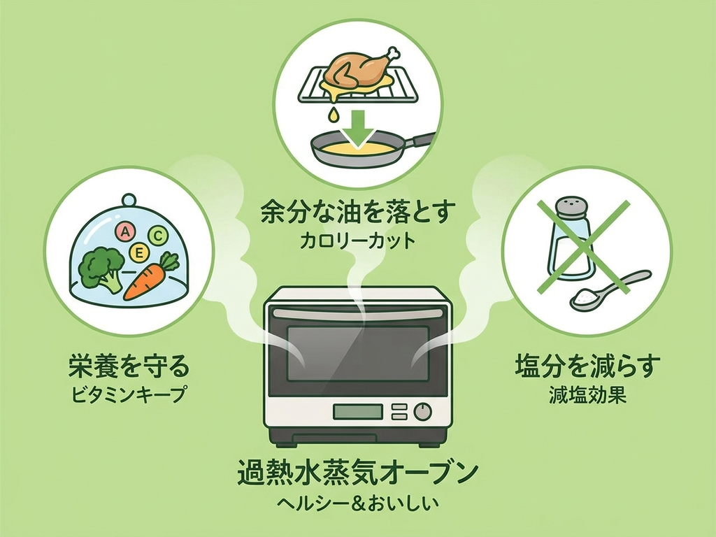 過熱水蒸気調理の健康メリット（脱油・減塩・栄養保持）を示した図解