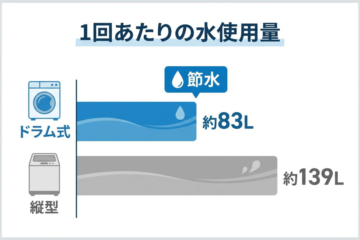 ドラム式と縦型の1回あたりの水使用量を比較した図解