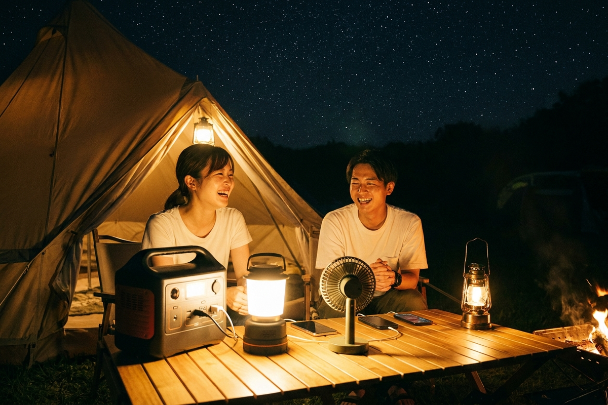 夏のキャンプでポータブル電源を活用するイメージ