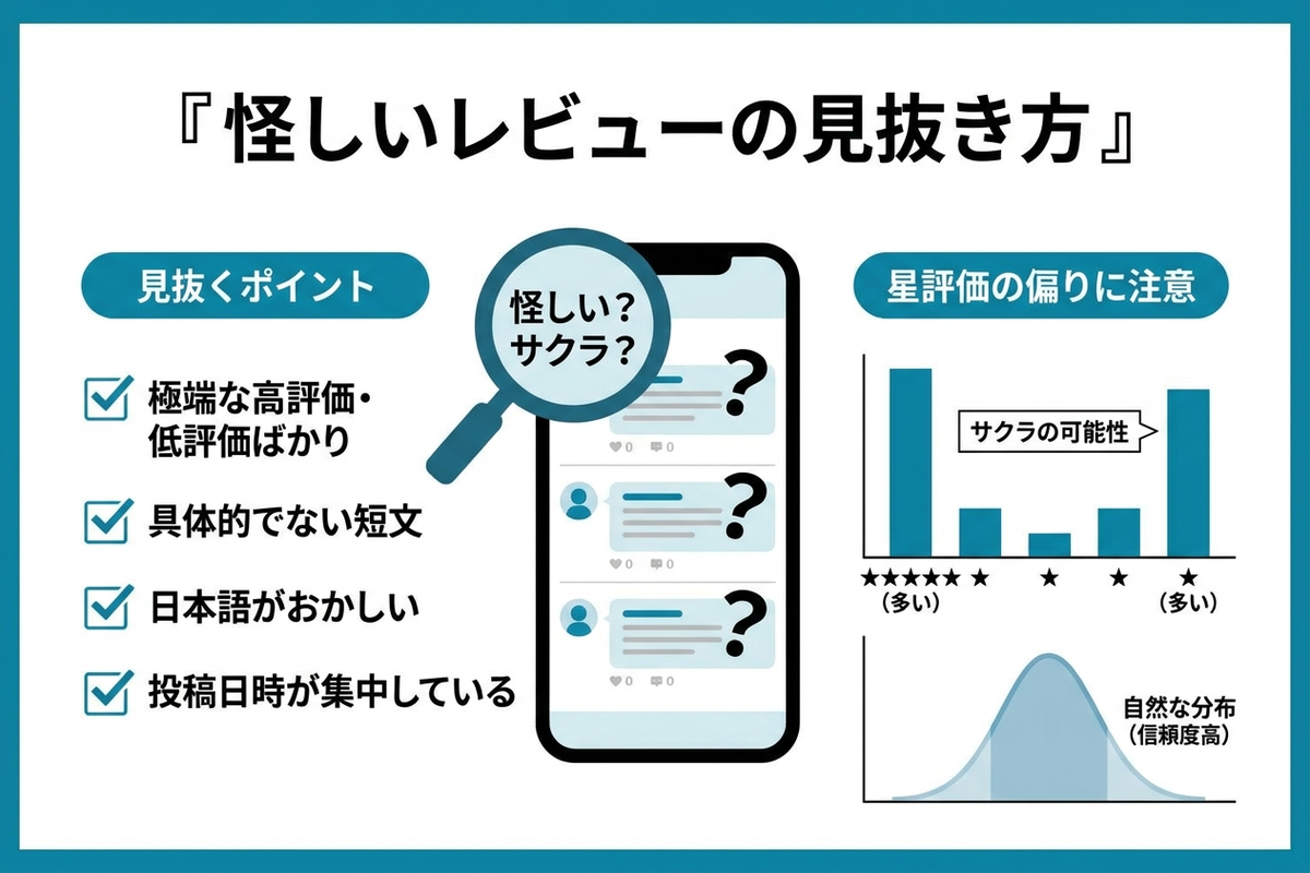 不自然なレビューを見抜くためのチェックポイントを示す図