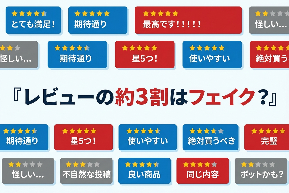 ネット上のレビューに混ざるフェイクの割合をあらわすイメージ図