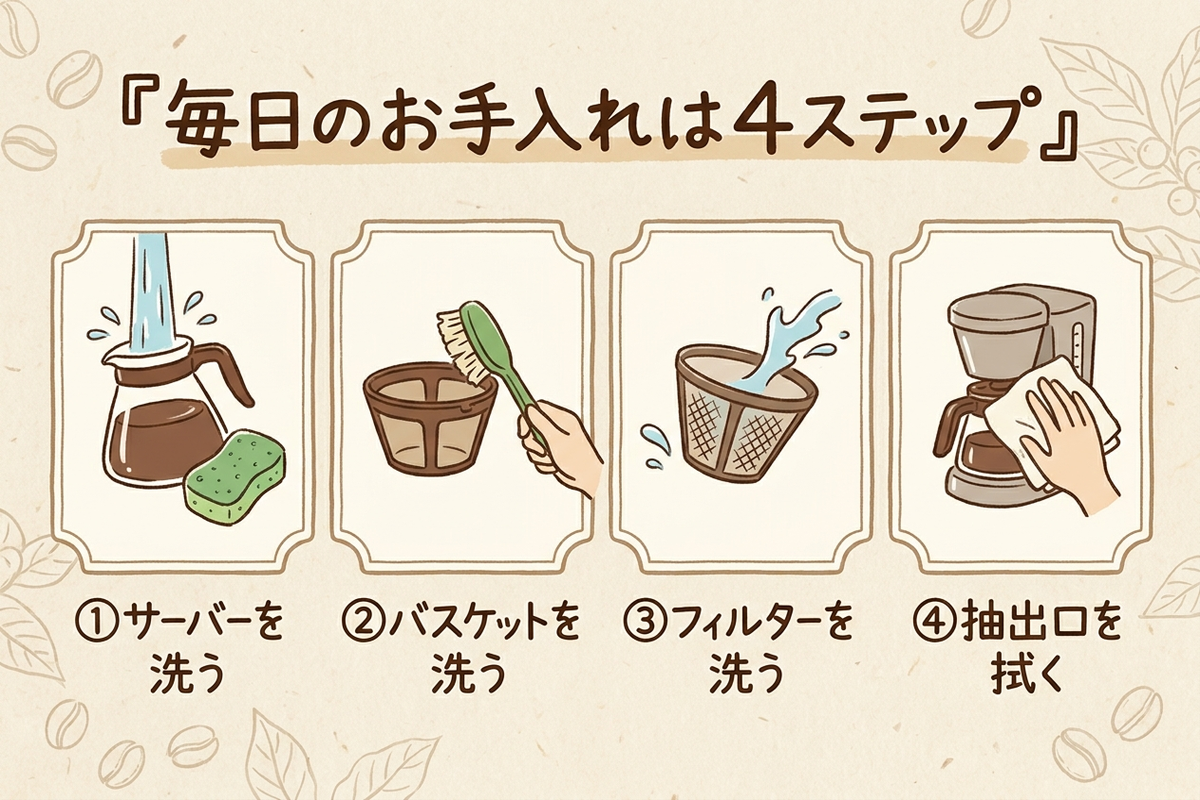 コーヒーメーカーの毎日のお手入れ4ステップを示す図解