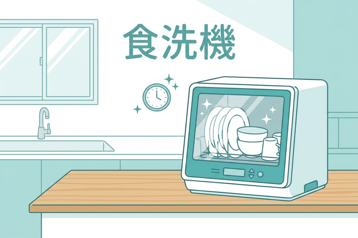 キッチンに置かれたタンク式食洗機と、ピカピカに洗い上がった食器のイメージ図