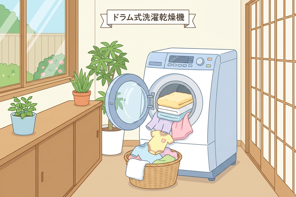ドラム式洗濯乾燥機から乾いた衣類が出てくる、干す手間がなくなる様子を表した図解