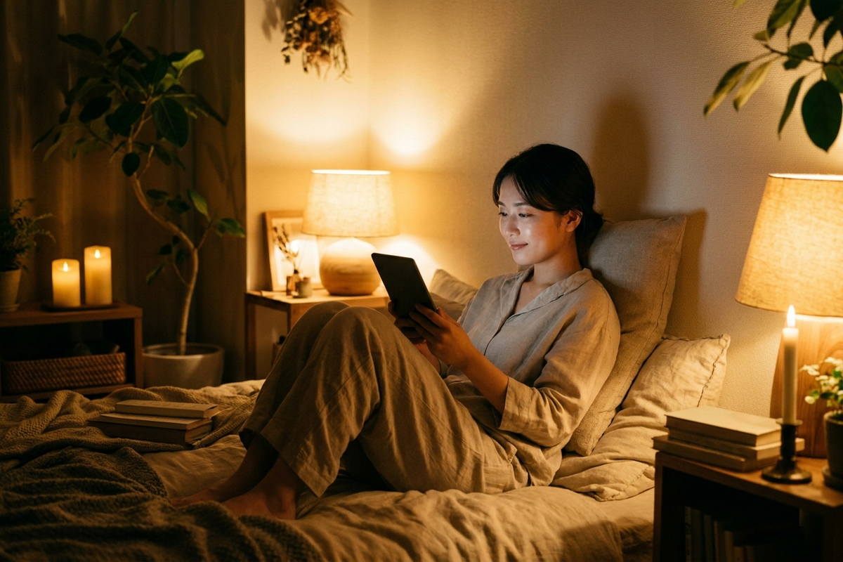 暗い寝室で電子書籍リーダーを使って読書する様子