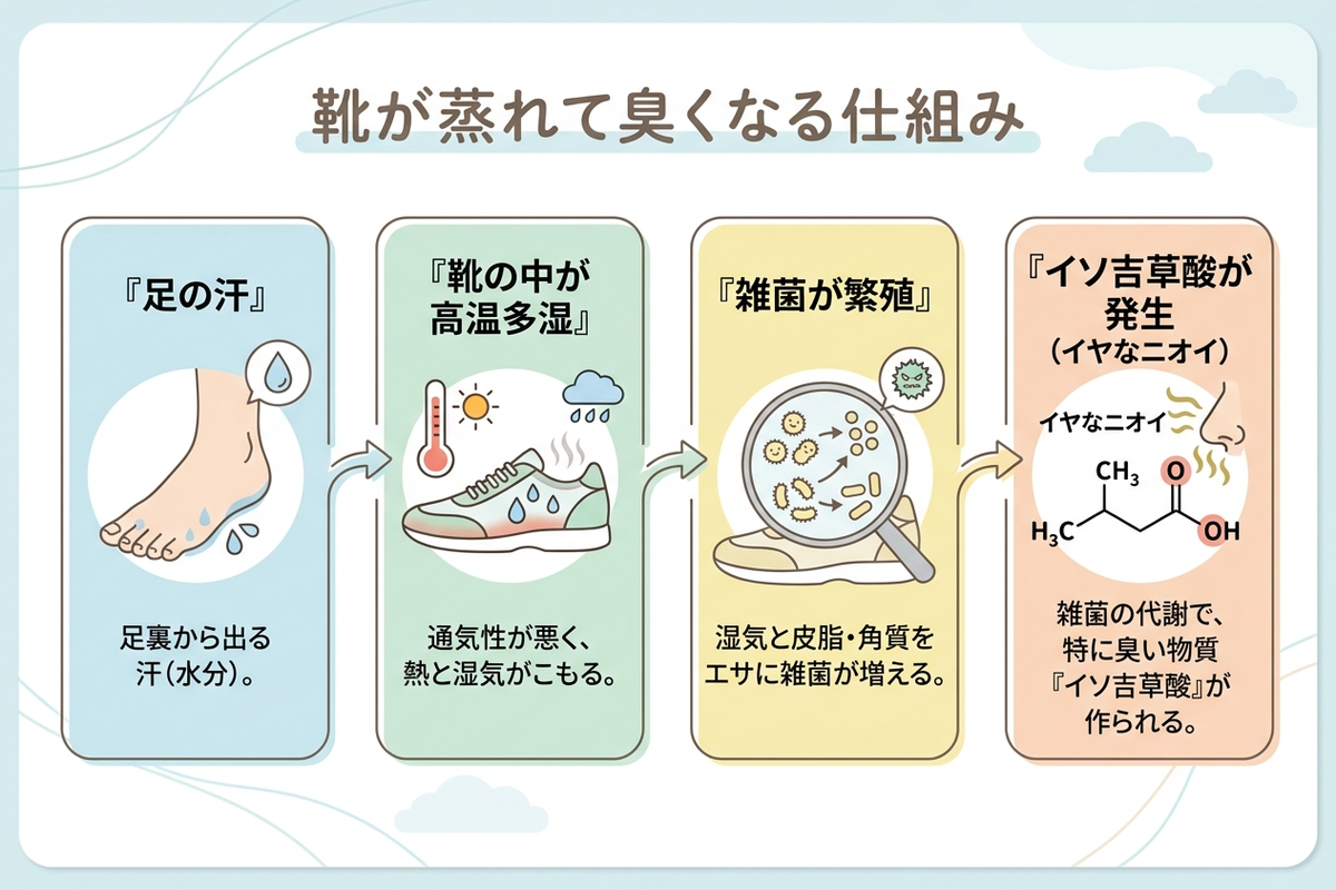 靴が蒸れて臭う仕組みの図解