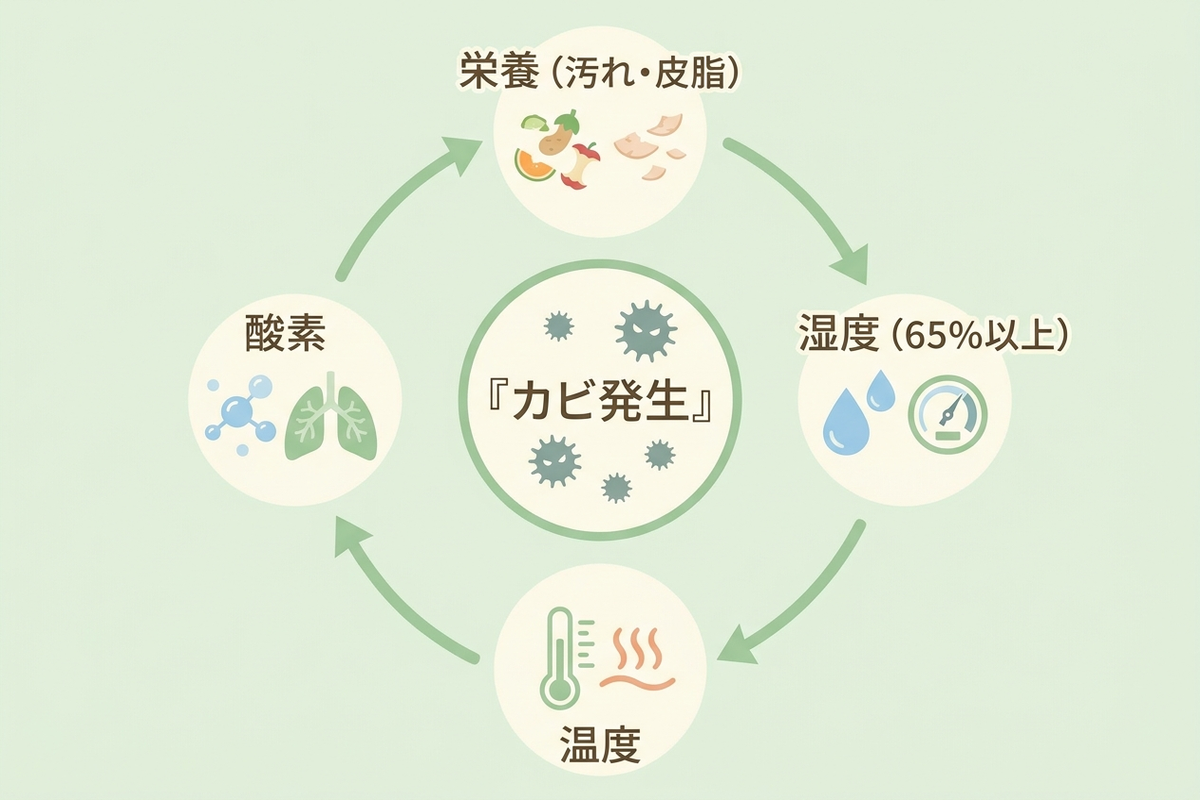 カビが発生する4つの条件の図解