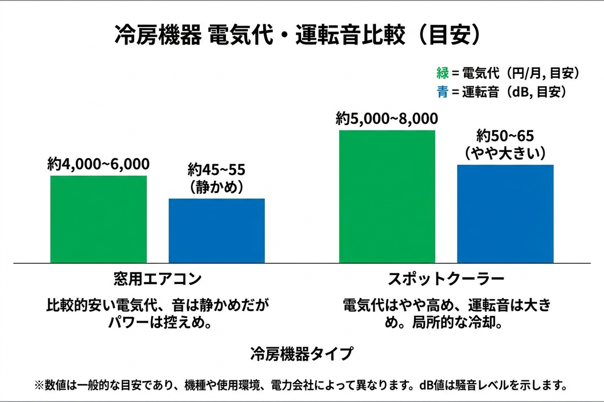 冷房機器の電気代と騒音の比較グラフ