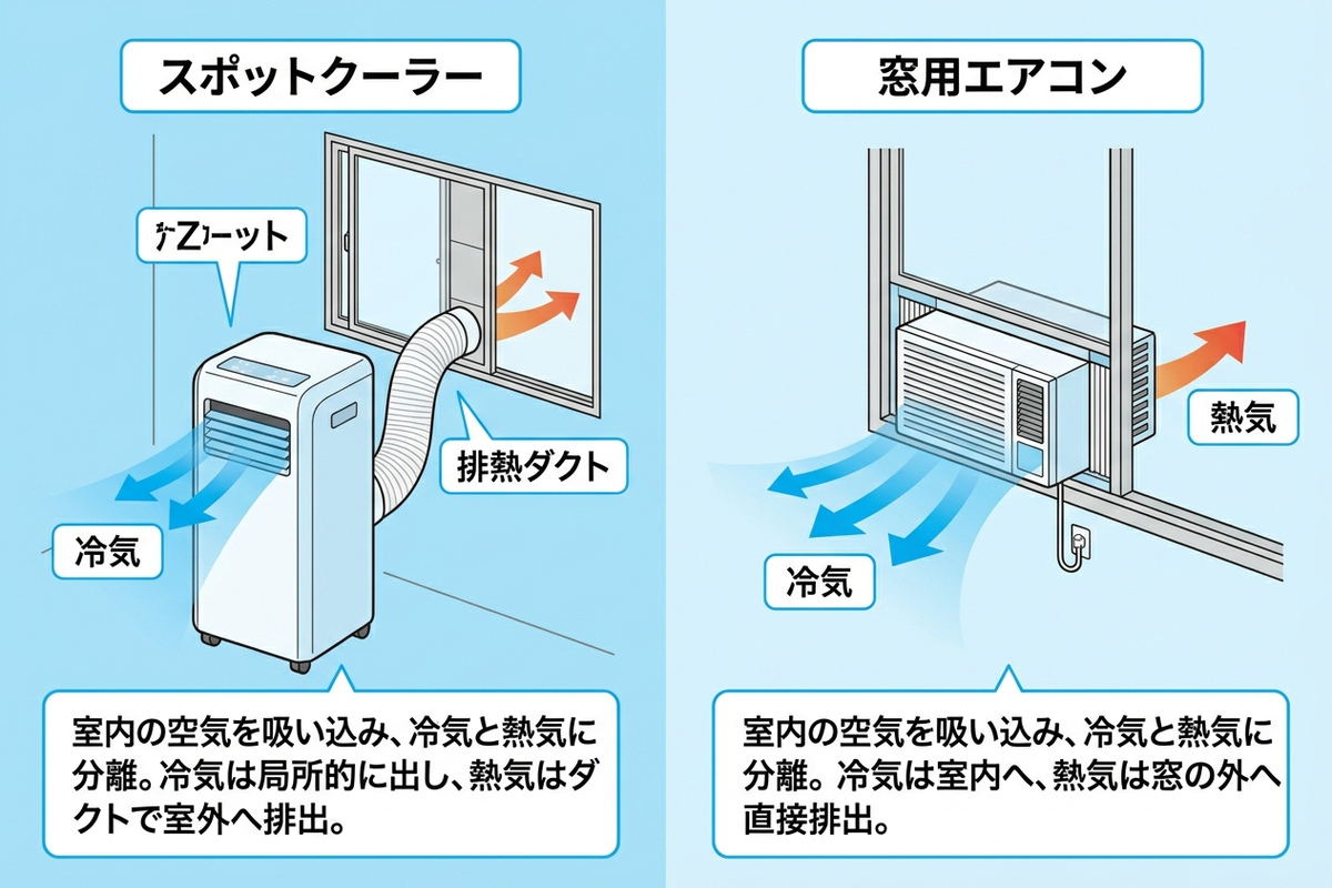 スポットクーラーと窓用エアコンの仕組みの違いの図解