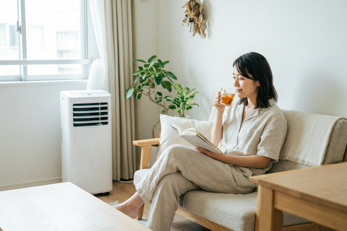夏の賃貸の部屋で涼しげにくつろぐ女性