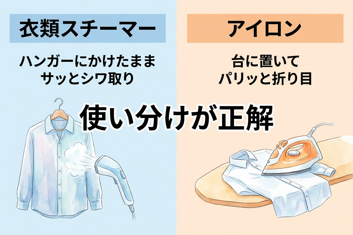 衣類スチーマーとアイロンの使い分けを示した比較図