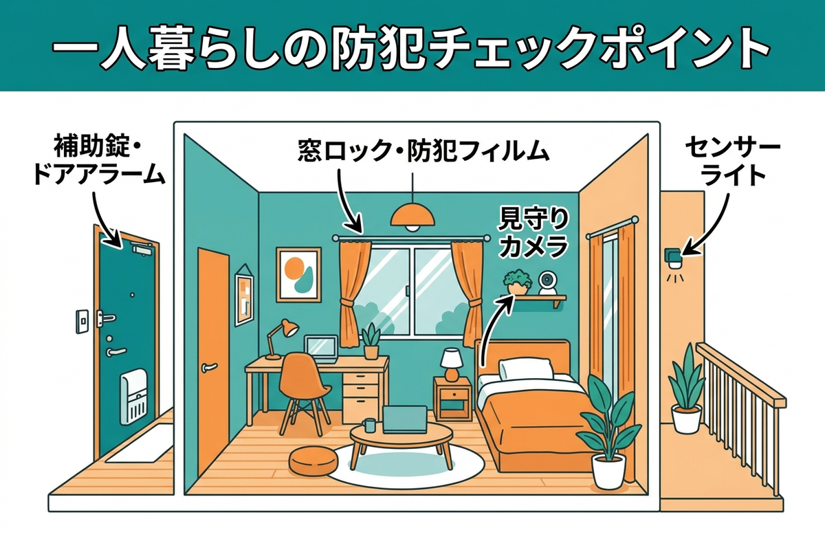 一人暮らしの防犯チェックポイントの図解