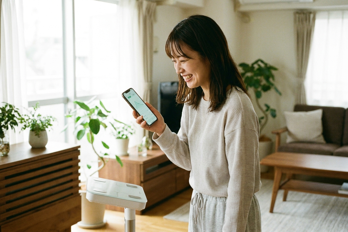 体組成計に乗ってスマホアプリで記録を確認する女性