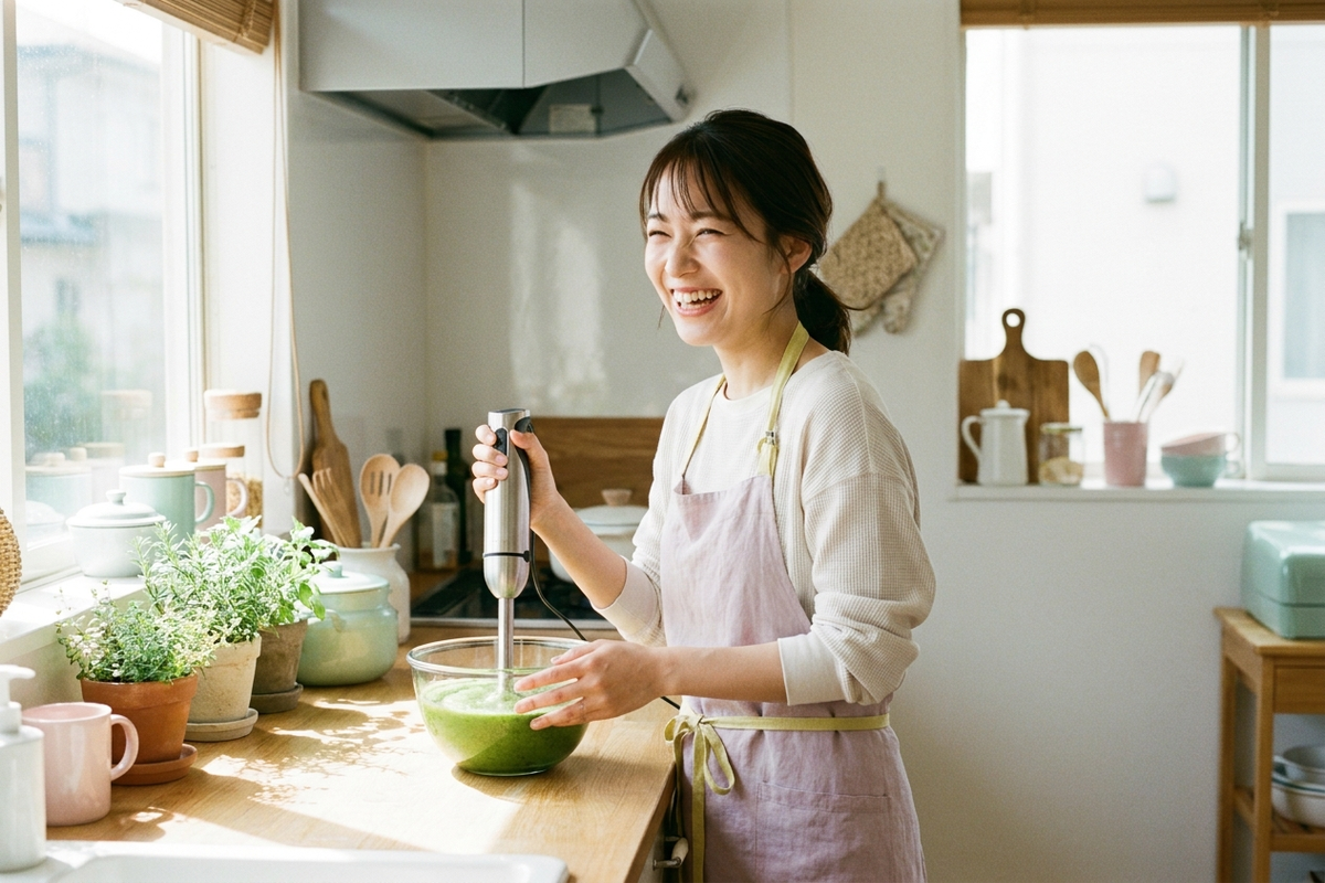 ハンドブレンダーでスムージーを作る女性
