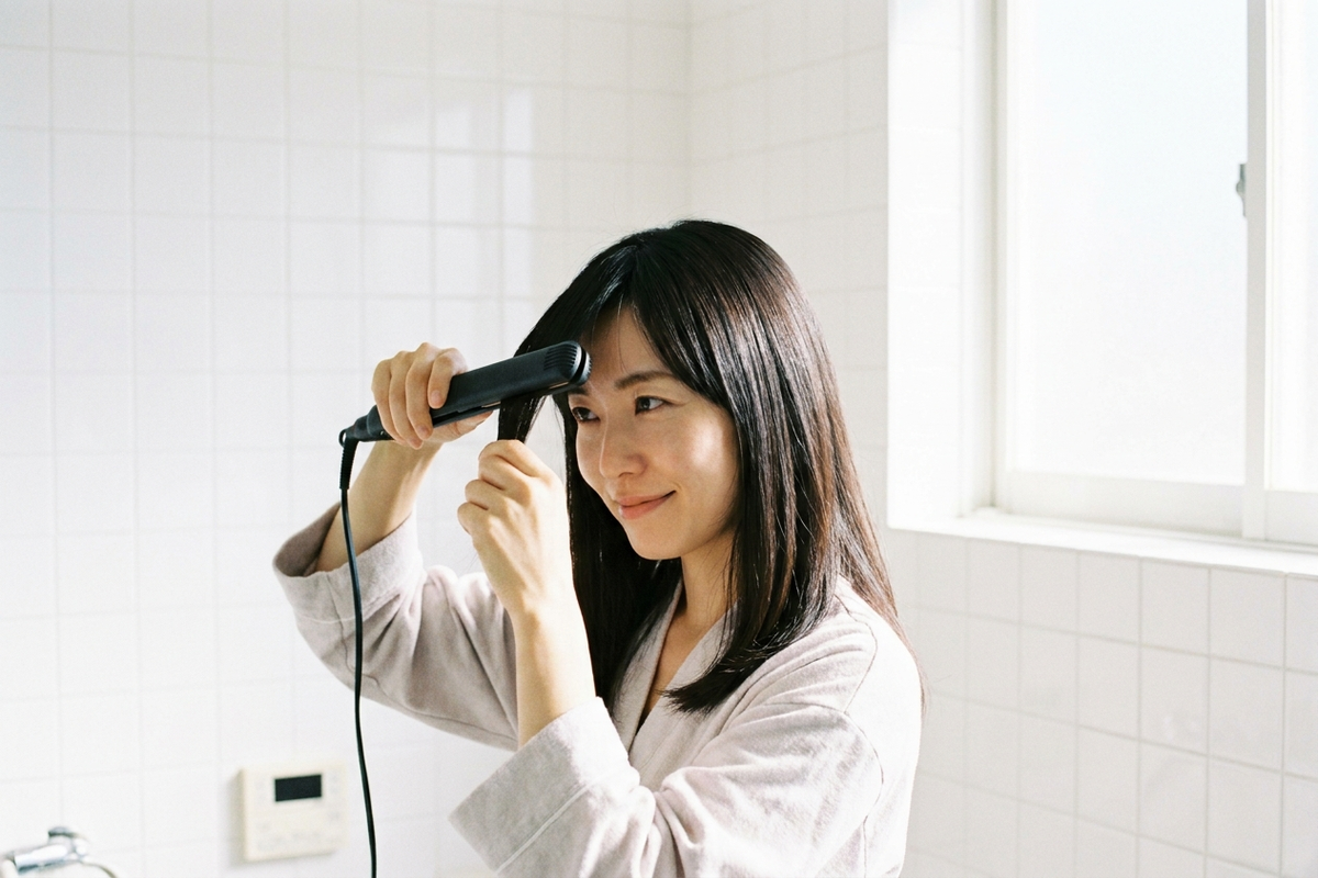 ストレートアイロンで前髪を整える女性
