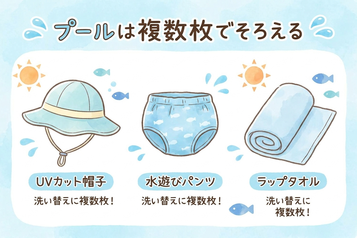 プール・水遊びは「帽子・水遊びパンツ・ラップタオル」を複数枚